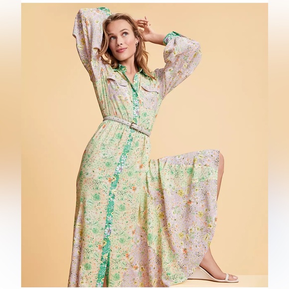 NWOT Stunning Loft Godet Pastel Floral Maxi Shirt Dress Cottagecore Romantic Sm. - Picture 11 of 12